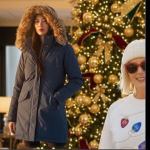 Flash Sale❄️🔥🎄🔥Parajumpers Women's Navy  Puffer with Brown Fur Collar